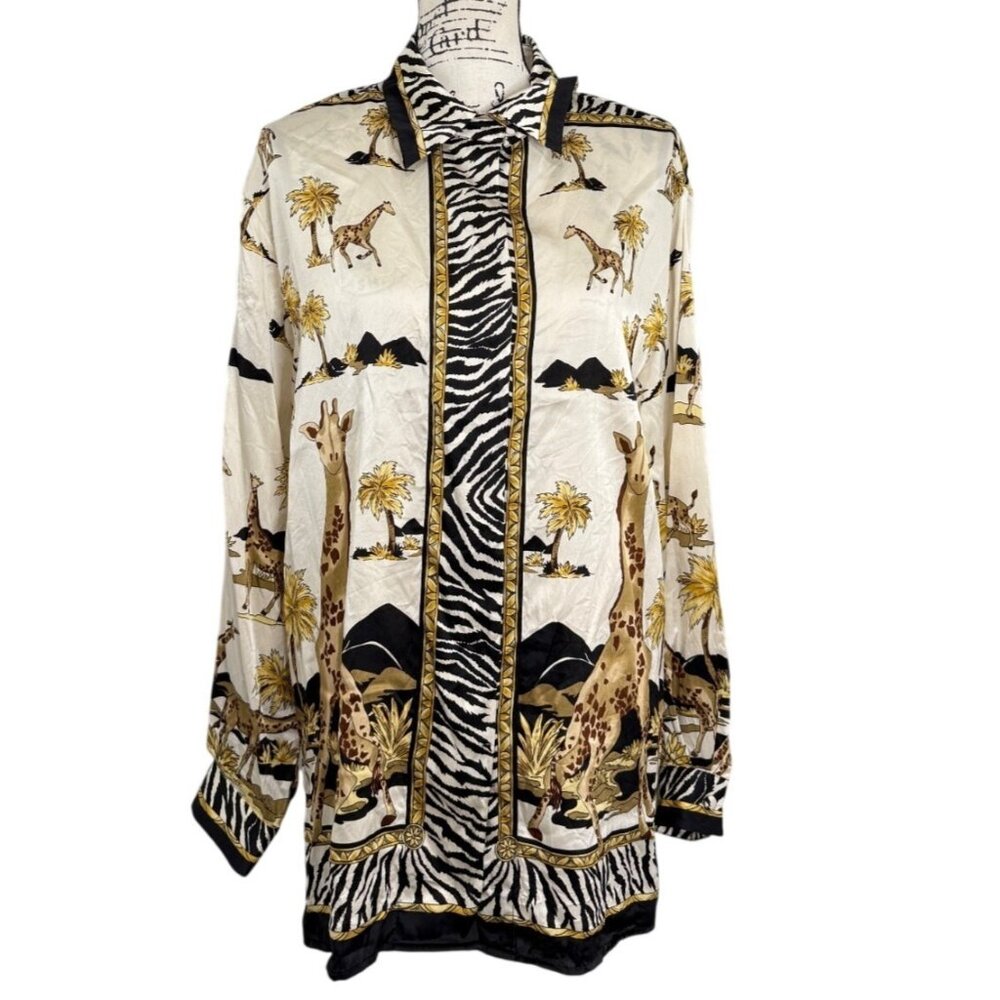 Corey B. New York Womens Silk Top Button-Up Safari Giraffe Tunic Shirt Size M